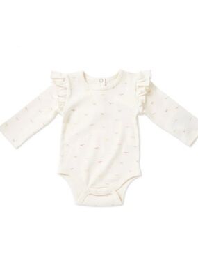 NWOT Pehr Ruffle Long Sleeve One Piece, Jolie Bows 100% Organic Cotton Bodysuit